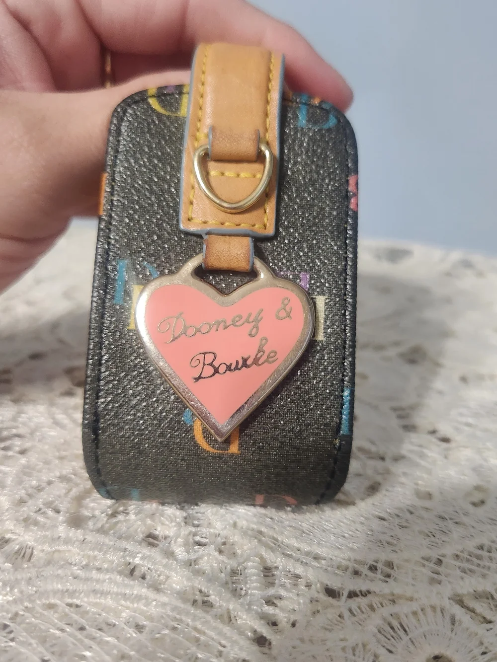 Y2K Dooney & Bourke Heart Charm Tag Hand Sanitizer Holder. Black Tan. Monogram
